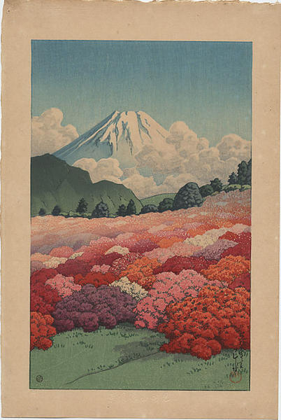 Hasui Kawase - View of an Azalea Garden and Mt Fuji