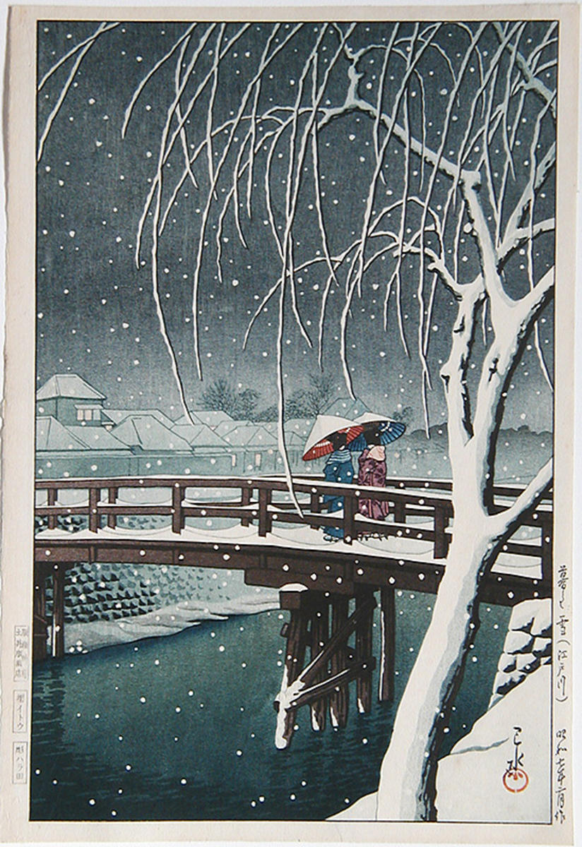 Hasui Kawase - Evening Snow at Edogawa