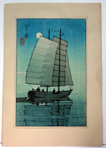 Hasui Kawase - Boat in Sunset- night — 帆かけ舟