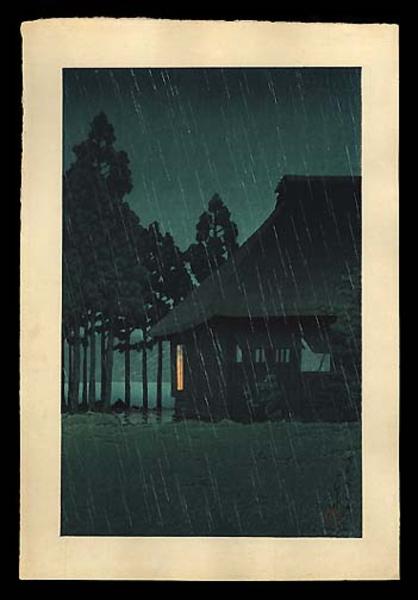 Hasui Kawase - Evening Rain at a Lakeside Tearoom