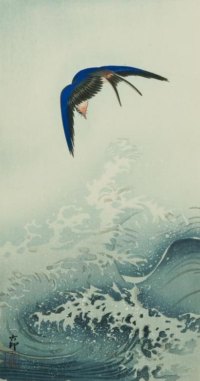 Ohara Koson - Swallow over the Ocean Wave