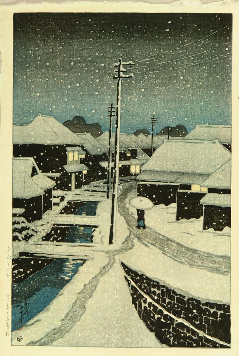 Hasui Kawase - Evening Snow at Terajima Village