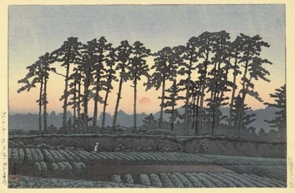 Hasui Kawase - Sunset at Ichinokura, Ikegami — 池上市之倉（夕陽）