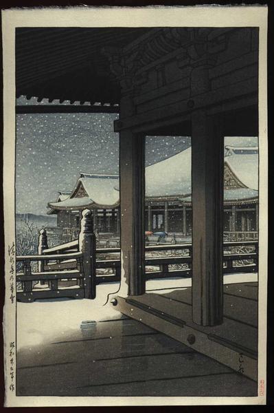 Hasui Kawase - Evening Snowfall at Kiyomizu Temple, Kyoto