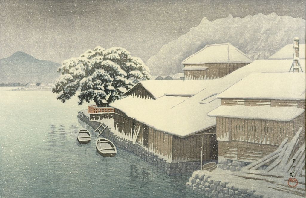 Hasui Kawase - Evening Snow at Ishinomaki (Ishinomaki bosetsu), from the series Collection of Scenic Views of Japan, Eastern Provinces (Nihon fûkeishû higashi Nihon hen), Shôwa period, dated 1935