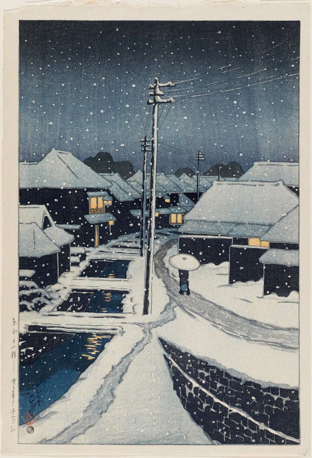 Hasui Kawase - Evening Snow at Terashima Village (Yuki ni kure no Terashima mura), from the series Twelve Scenes of Tokyo (Tôkyô jûnidai)