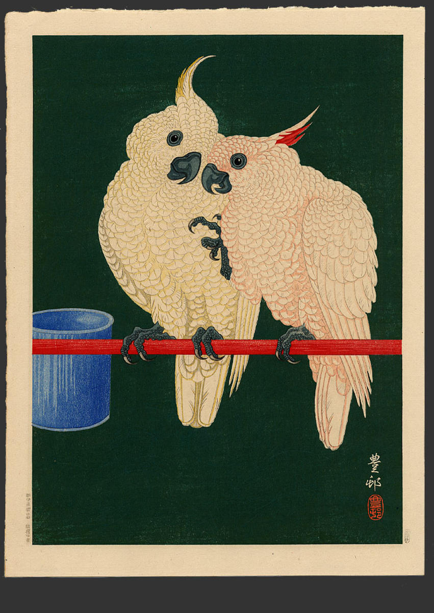 Ohara Koson - Two White Cockatoos on Red Bar- B