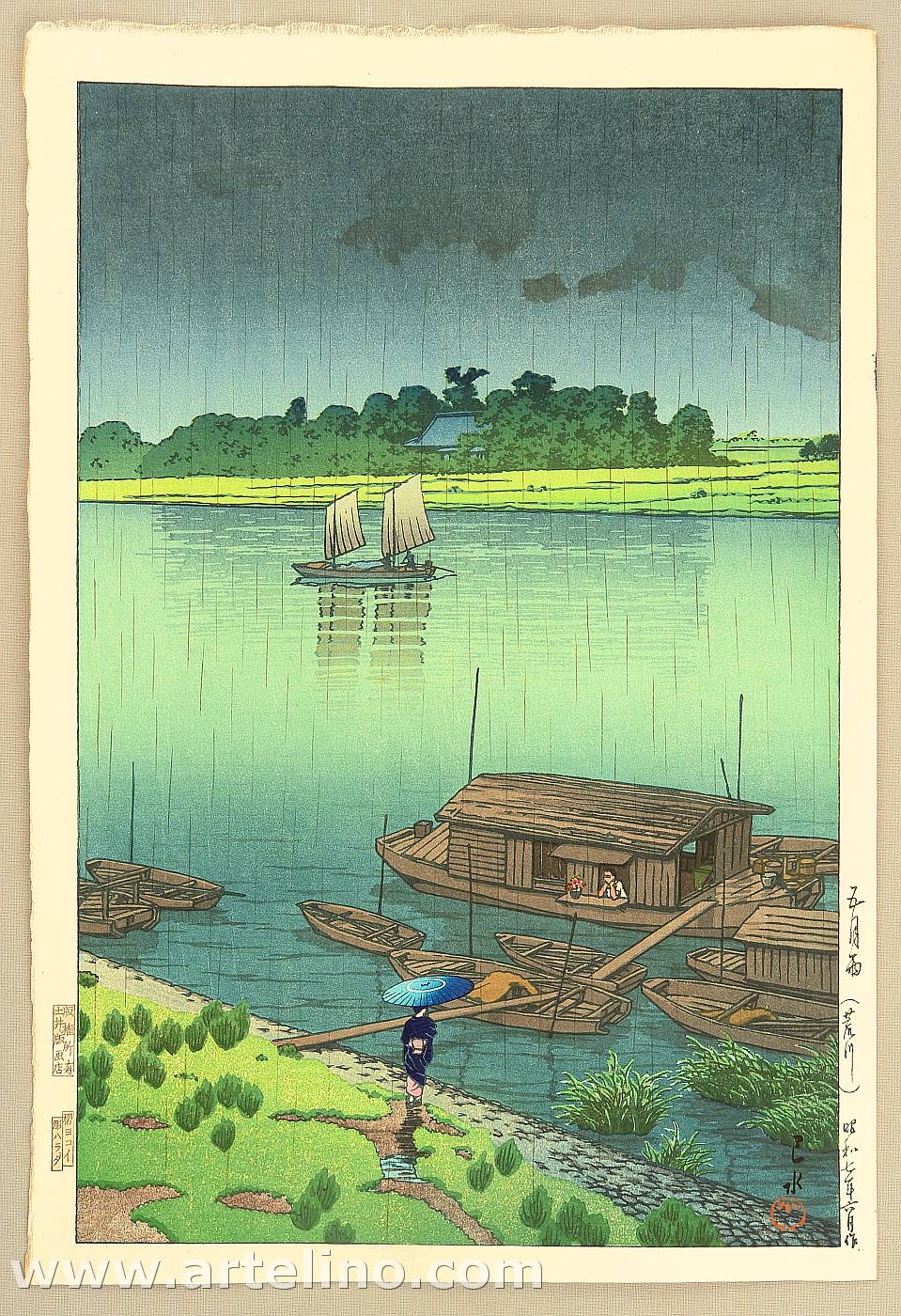 Hasui Kawase - Arakawa River in May Rain