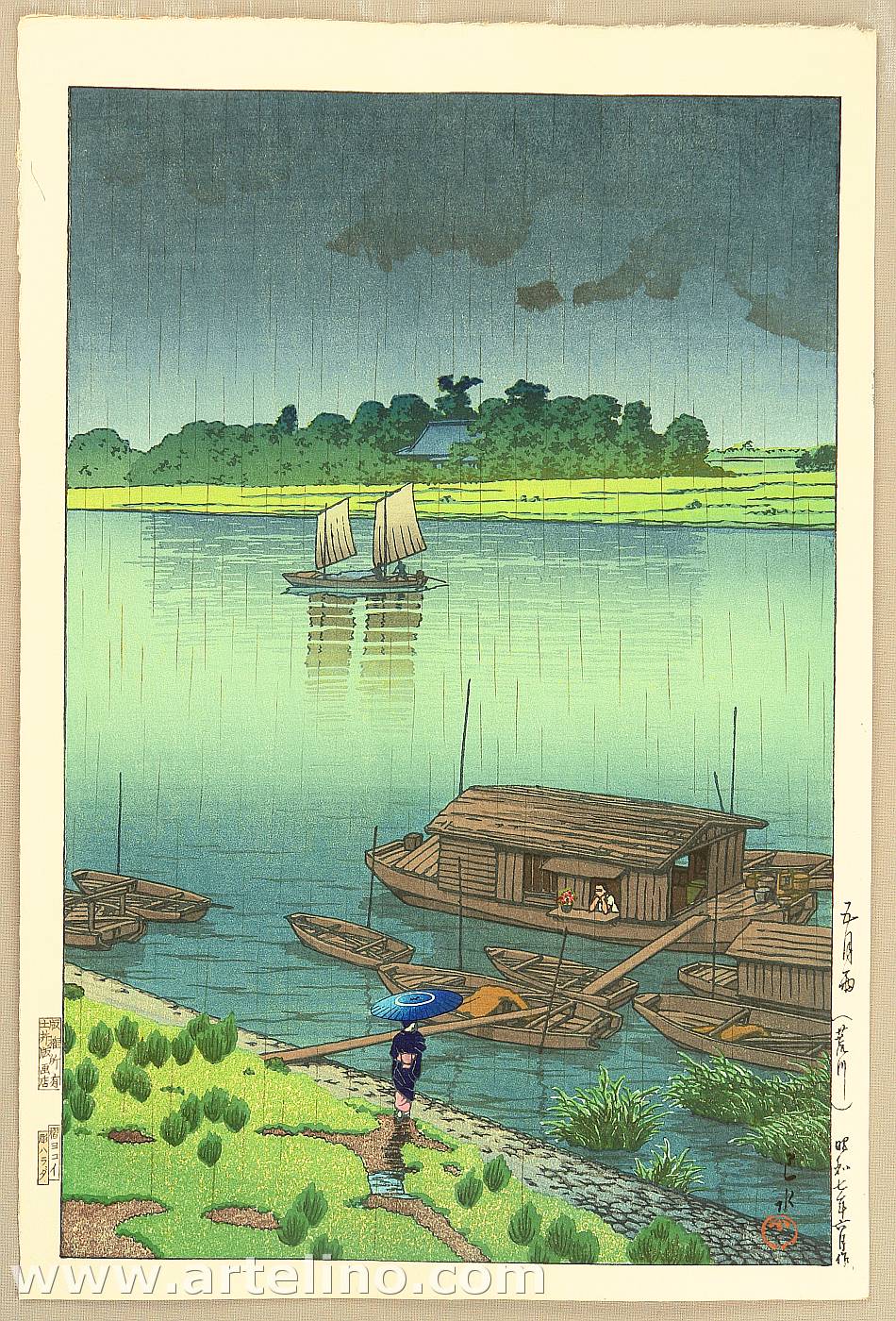 Hasui Kawase - Arakawa River in May Rain