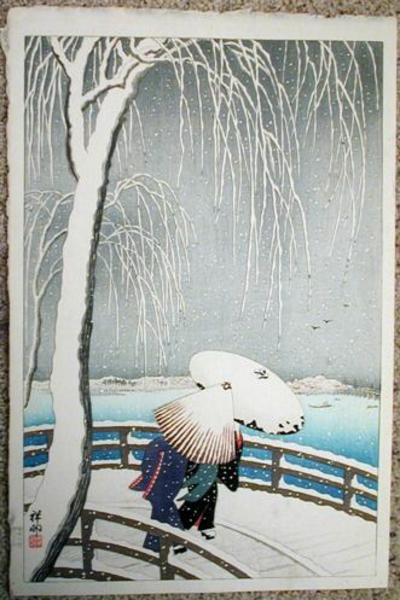 Ohara Koson - Snow on Willow Bridge