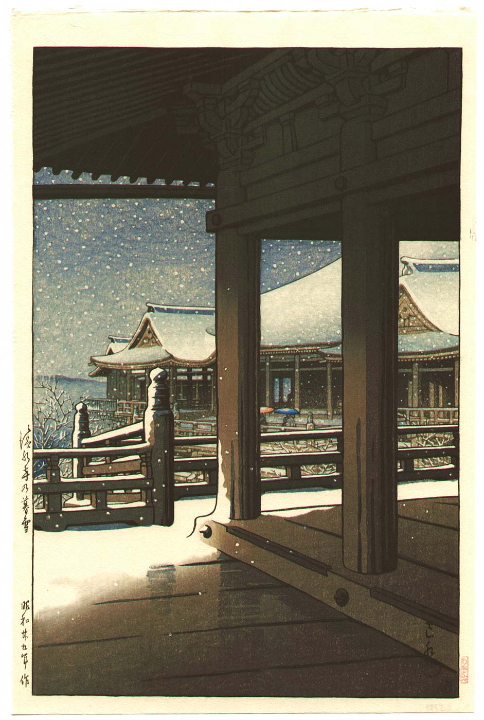 Hasui Kawase - Evening Snowfall at Kiyomizu Temple