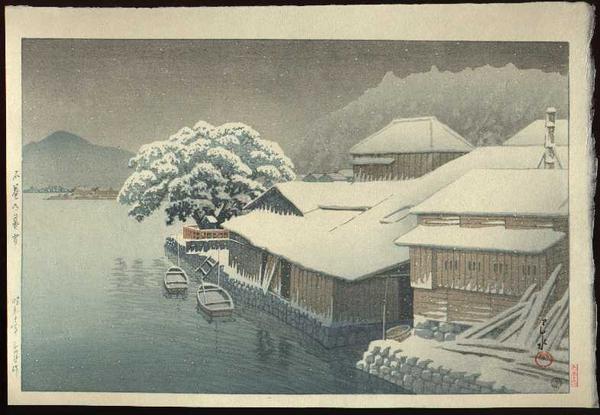 Hasui Kawase - Snow Falling at Ishinomaki