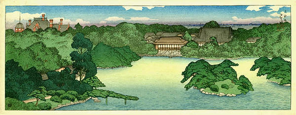 Hasui Kawase - Panoramic view of Iwasaki Family Villa — 大泉水の全景