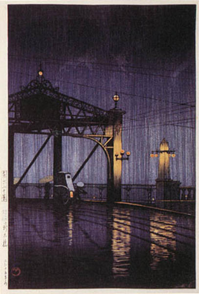 Hasui Kawase - Night Rain on Shinohashi Bridge