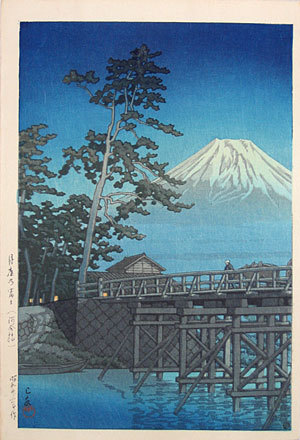 Hasui Kawase - Mt. Fuji in Moonlight, Kawai Bridge (Tsukiyo no Fuji, Kawaibashi)