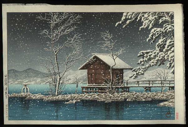 Hasui Kawase - Kansa Temple at Lake Tazawa or Kansagu Shrine at Lake Tawaza