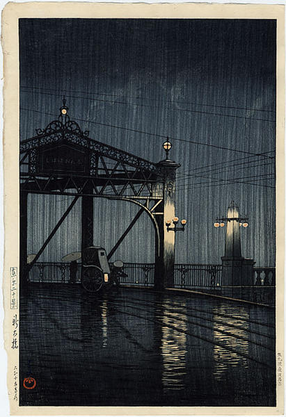 Hasui Kawase - Night Rain on Shinohashi Bridge