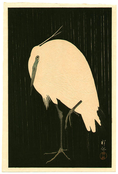 Ohara Koson - Egret on Rainy Night- Heron