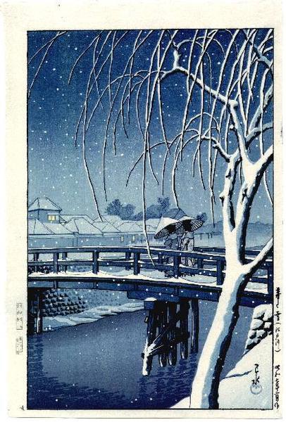 Hasui Kawase - Evening Snow at Edogawa