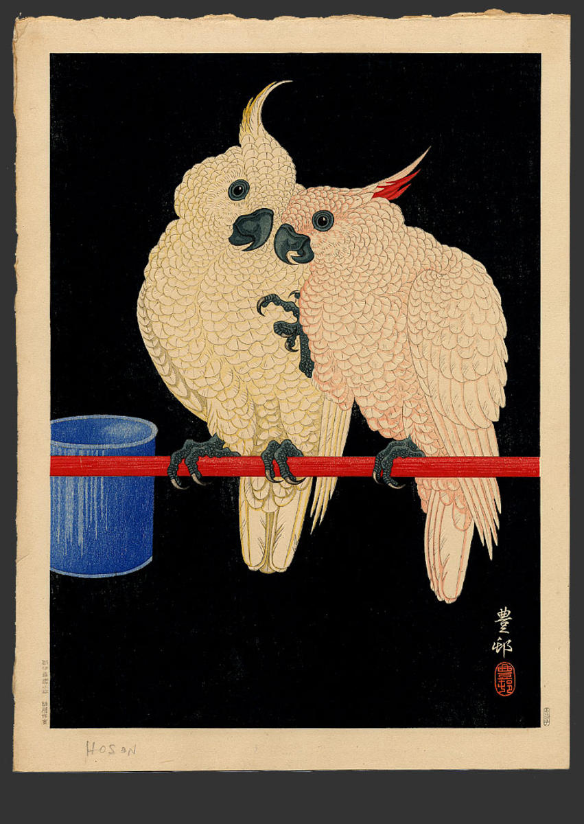 Ohara Koson - Two White Cockatoos on Red Bar- B