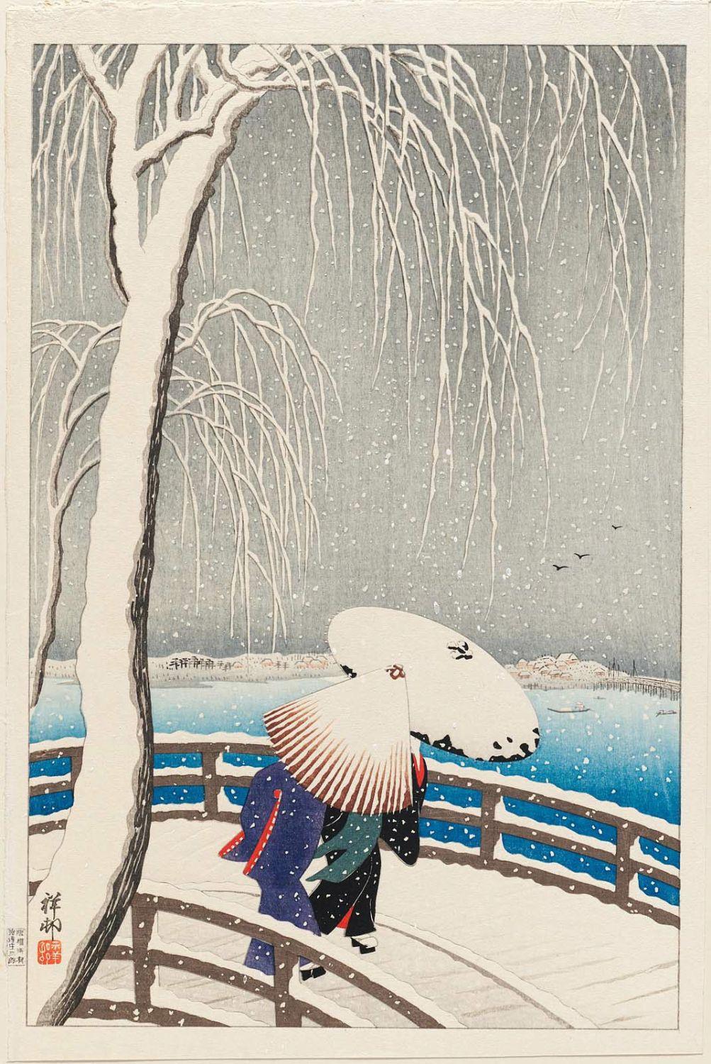 Ohara Koson - Snow on Willow Bridge