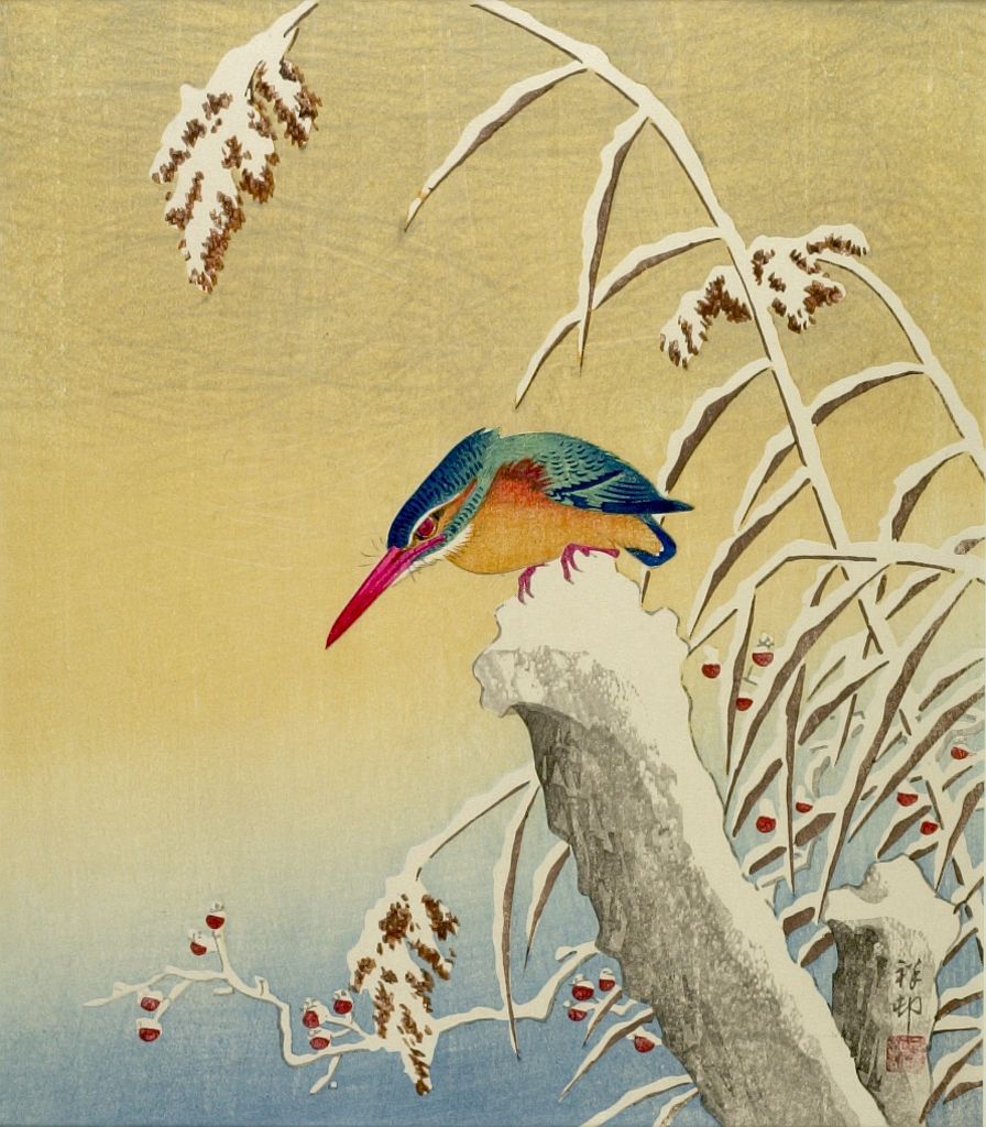 Ohara Koson - Kingfisher on Snowy Stump, Shôwa period, 1935
