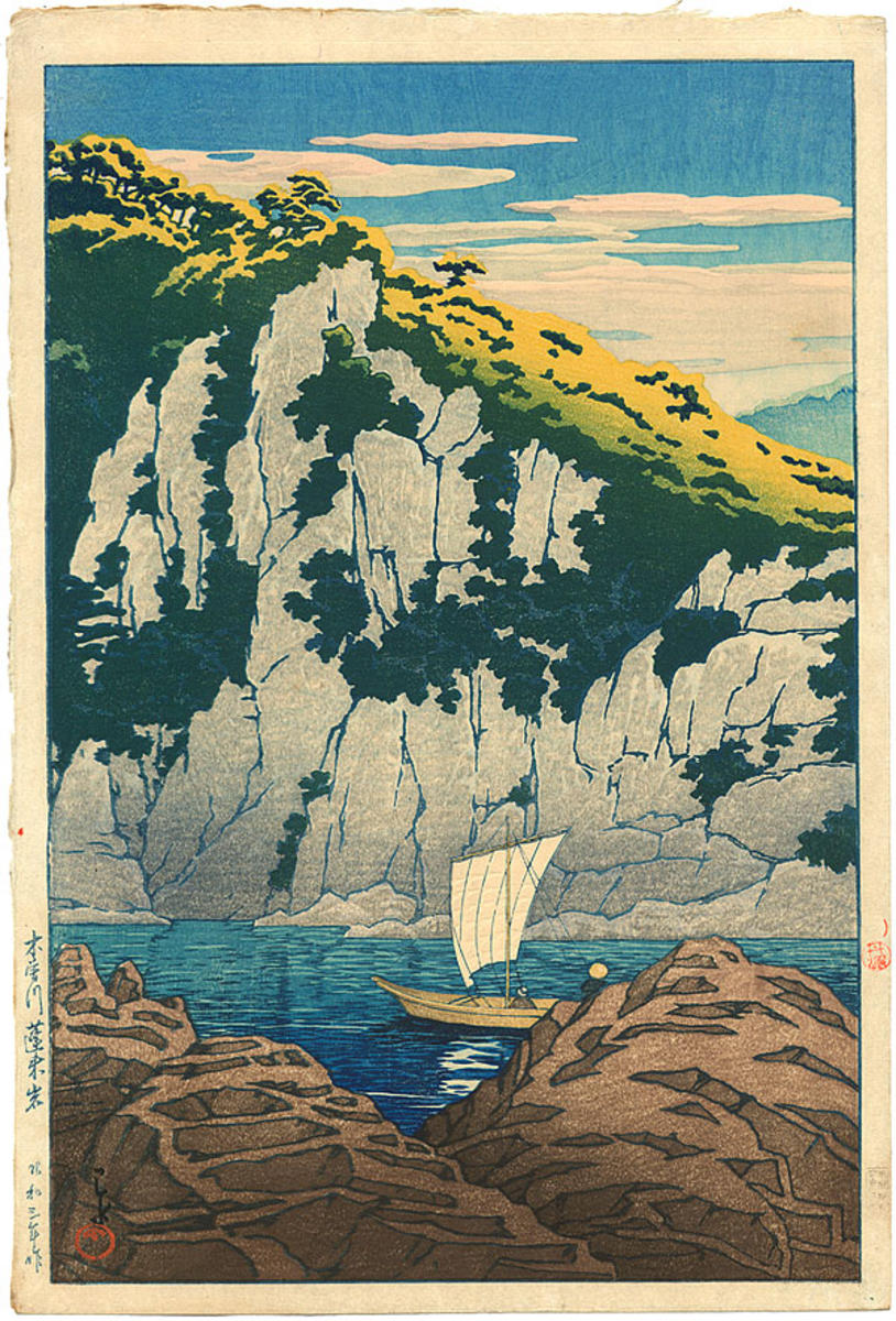 Hasui Kawase - Horai rock in the Kiso River