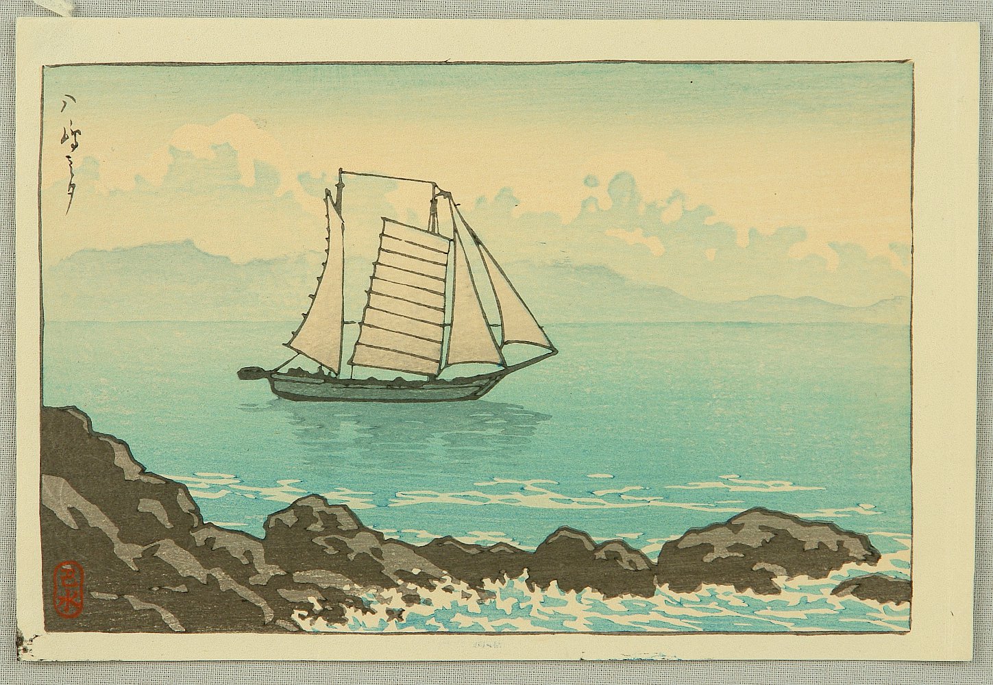 Hasui Kawase - Sailboat near Rocky Coastline