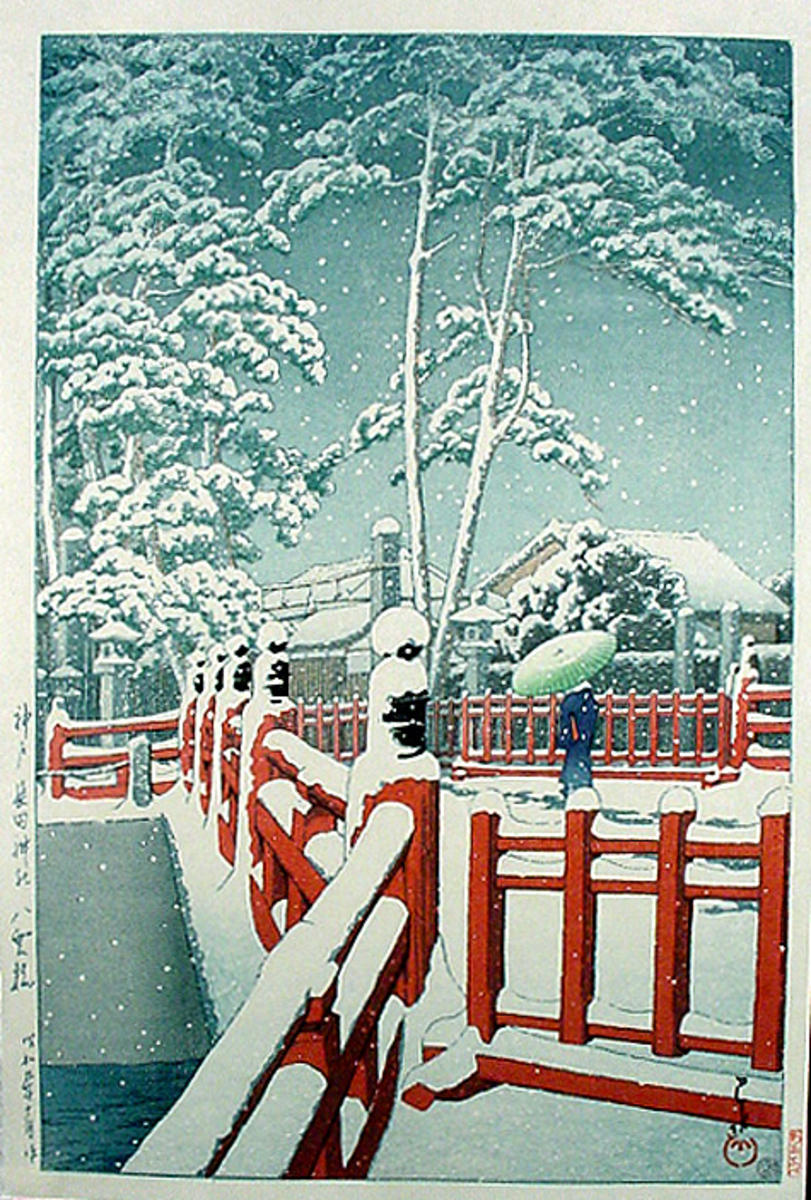 Hasui Kawase - Snow at Yagumobashi Bridge, Nagata — Kobe Nagata Jinja Yagumobashi