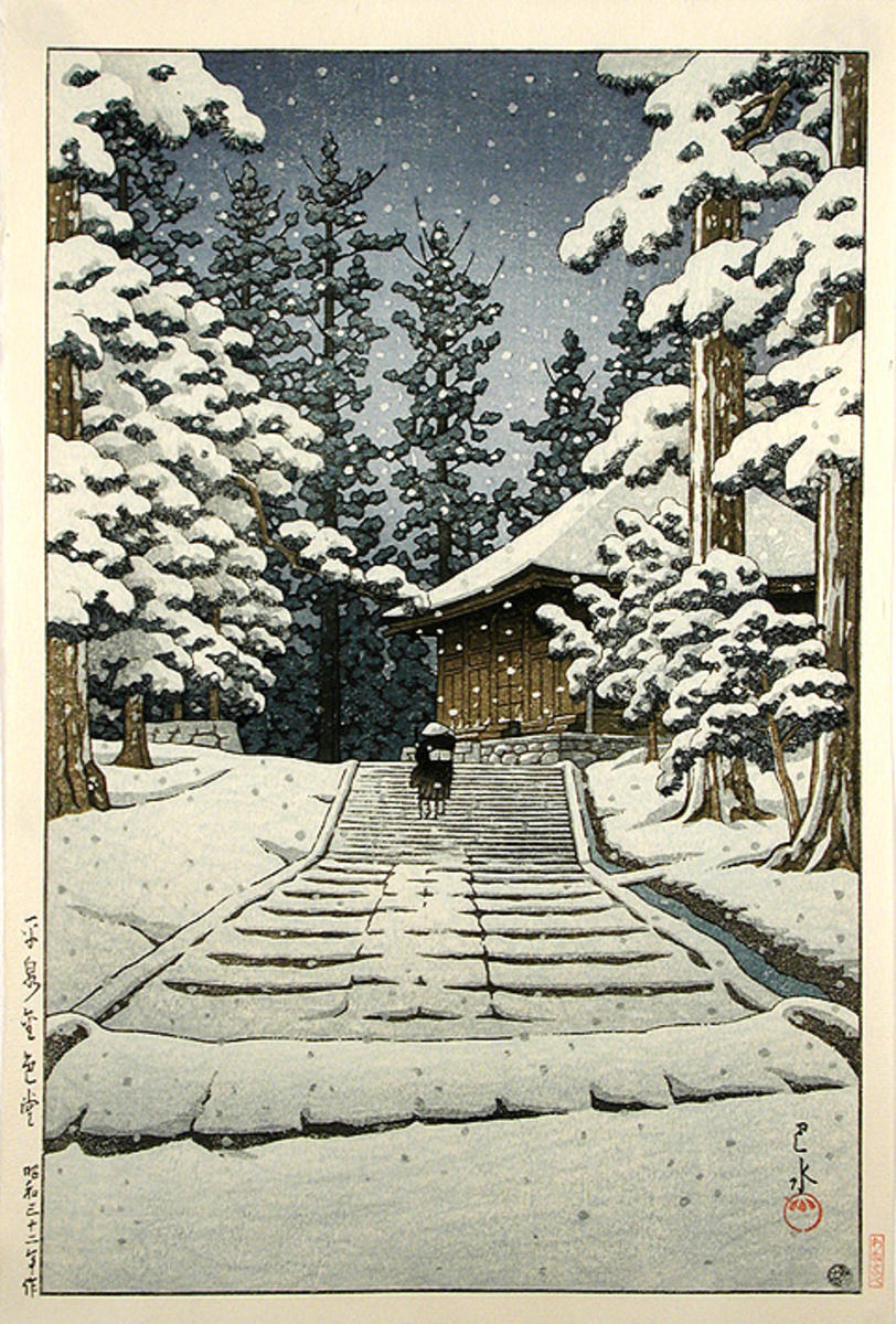 Hasui Kawase - Konjikido in Snow, Hiraizumi — 平泉金色堂 絶筆