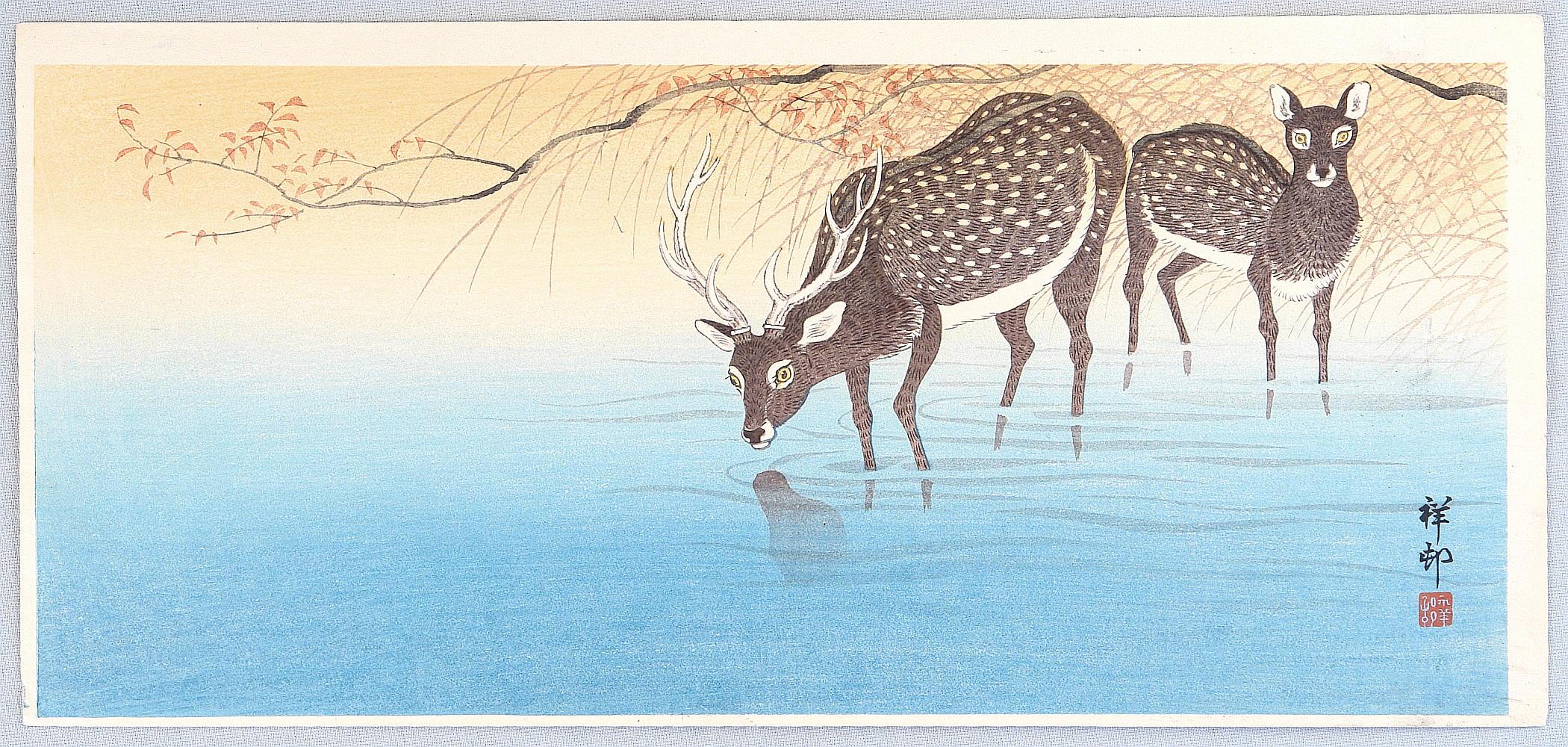 Ohara Koson - Deer in Shallow Water