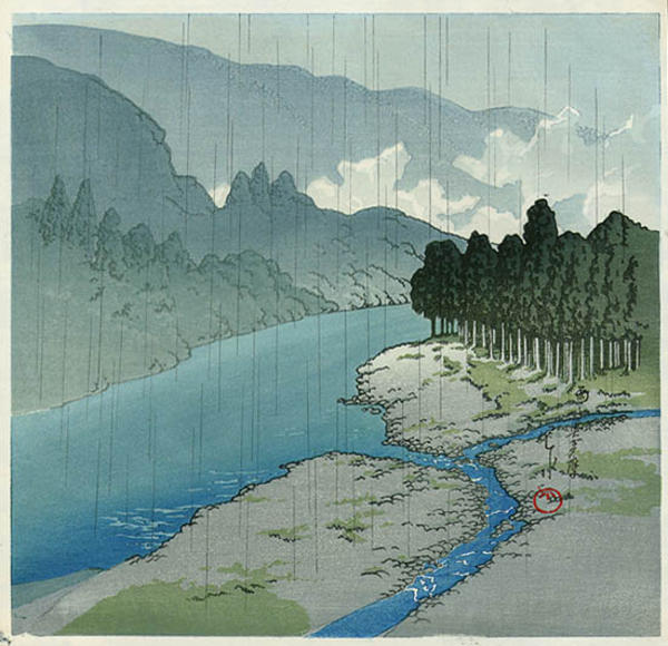 Hasui Kawase - Rain at Okutama River