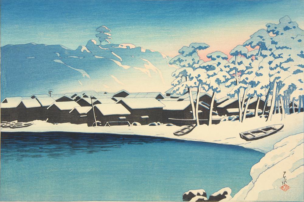 Hasui Kawase - Snowy Dawn at the Port at Ogi, Sado, from the series Souvenirs of Travel, Second Series