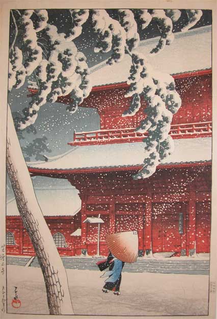 Hasui Kawase - Zojo Temple in Snow at Shiba