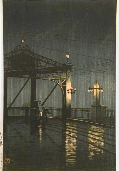 Hasui Kawase - Night Rainfall on Bridge