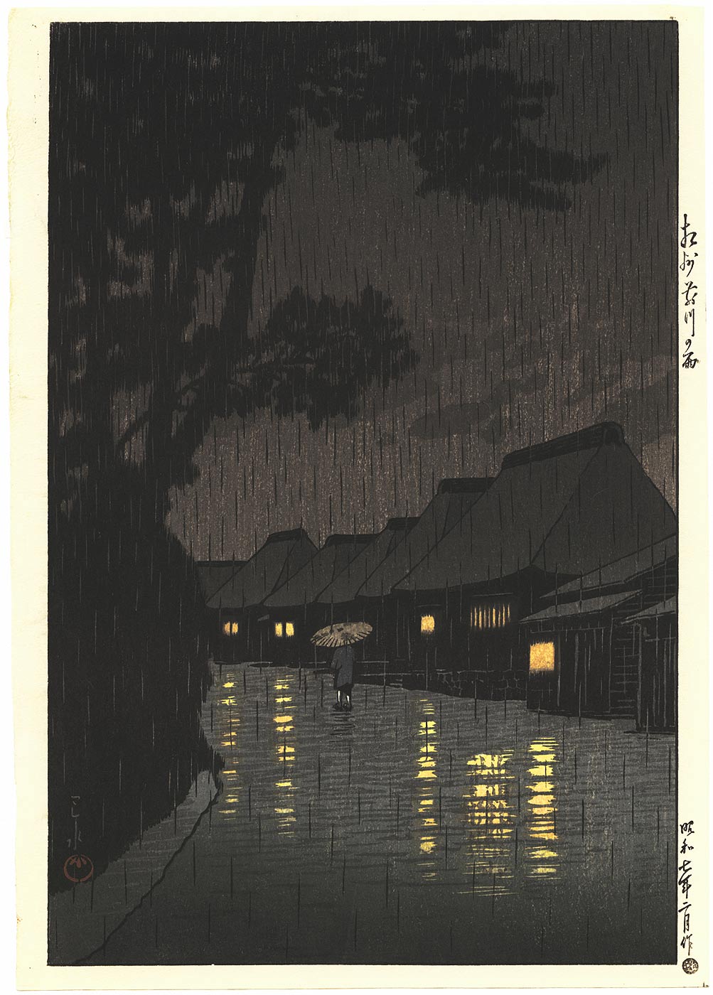 Hasui Kawase - Rainy Night at Maekawa