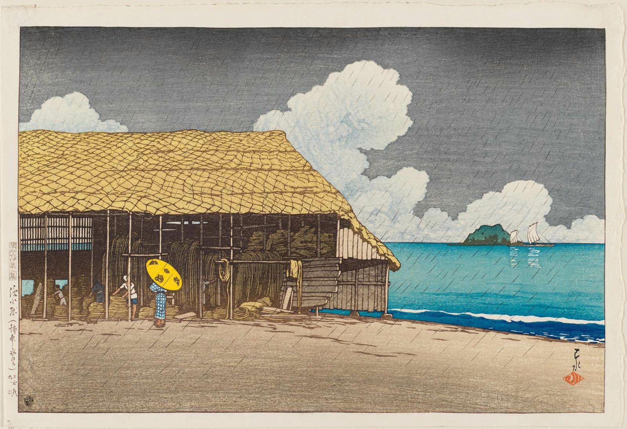 Hasui Kawase - Beach Shed at Himi in Etchû Province (Hama shôoku [Etchû Himi]), from the series Souvenirs of Travel II (Tabi miyage dai nishû)